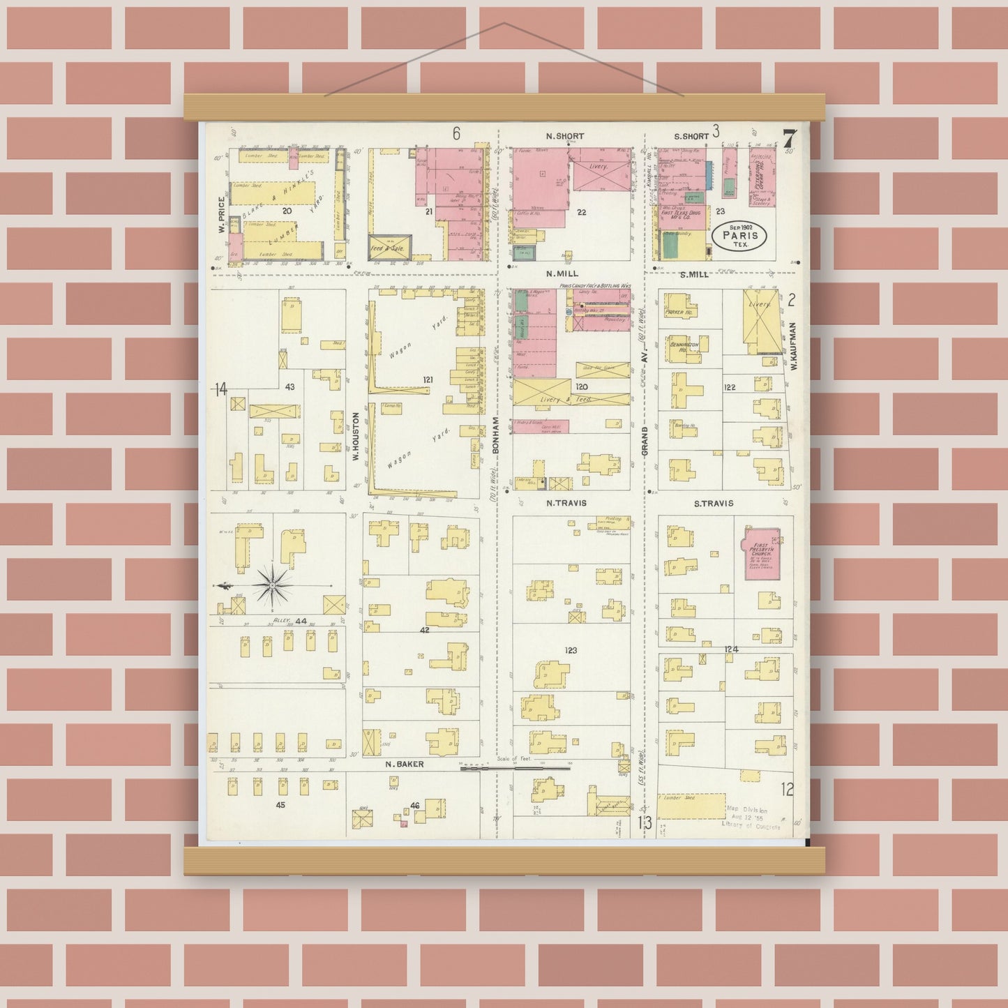 Old map wall art mockup — magnetic wood frame on brick wall — Sanborn Fire Insurance Map from Paris, Lamar County, Texas (1902), Sheet #0007