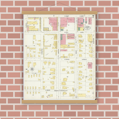 Old map wall art mockup — magnetic wood frame on brick wall — Sanborn Fire Insurance Map from Paris, Lamar County, Texas (1902), Sheet #0007