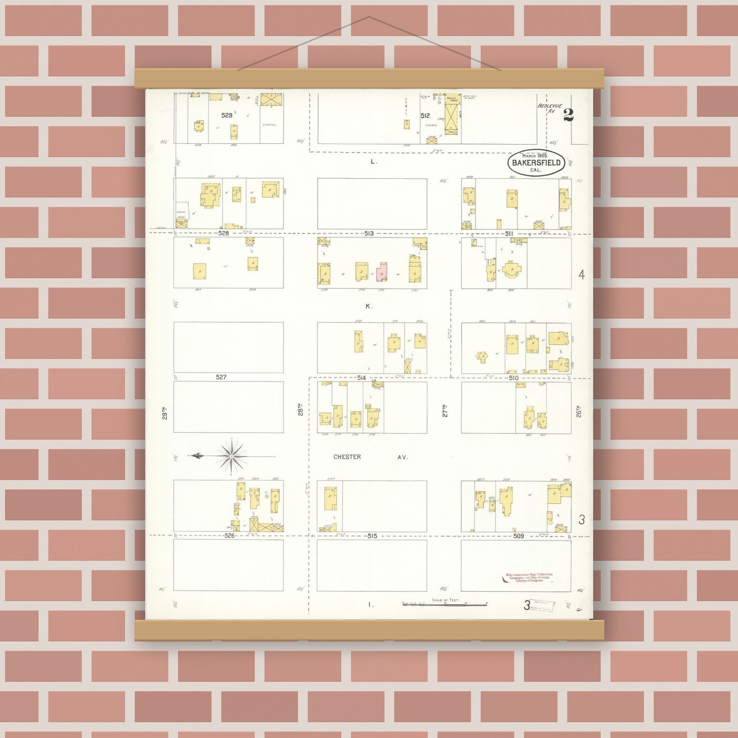 Old map wall art mockup — magnetic wood frame on brick wall — Sanborn Fire Insurance Map from Bakersfield, Kern County, California (1905), Sheet #0002