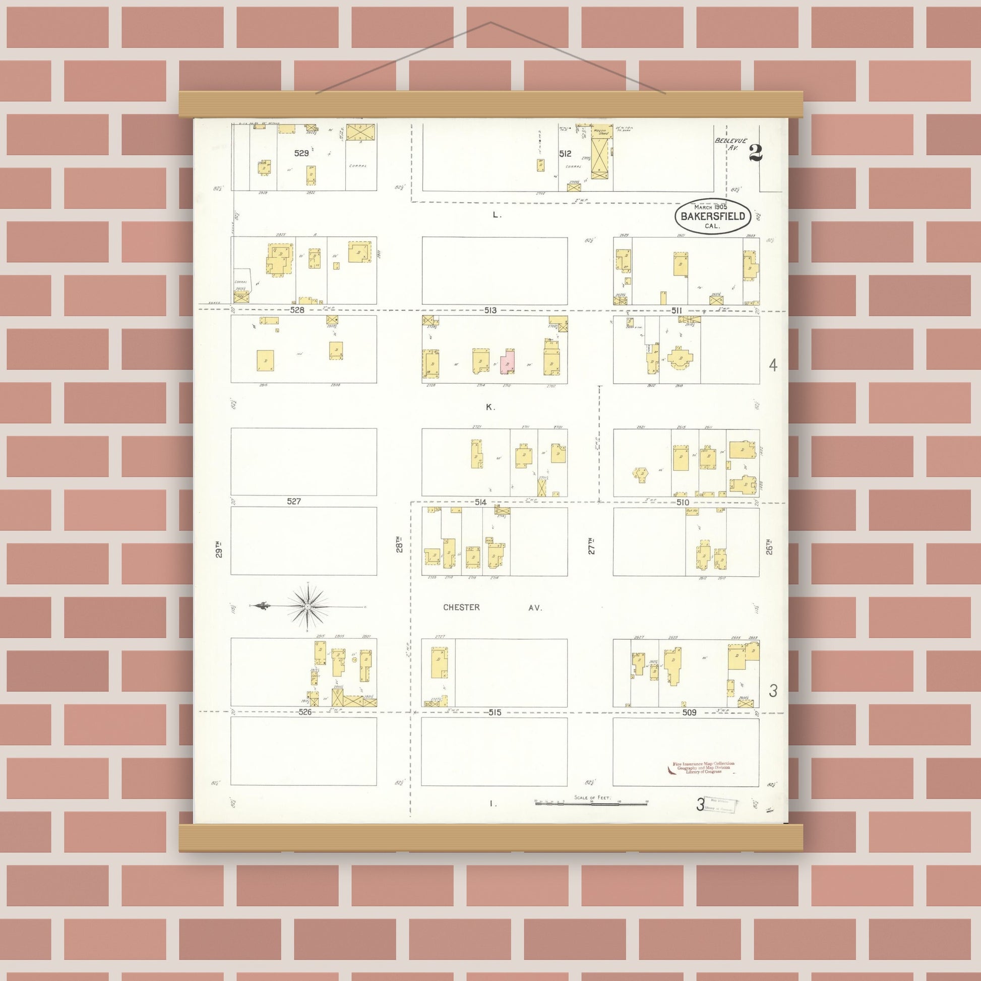 Old map wall art mockup — magnetic wood frame on brick wall — Sanborn Fire Insurance Map from Bakersfield, Kern County, California (1905), Sheet #0002