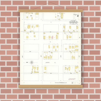 Old map wall art mockup — magnetic wood frame on brick wall — Sanborn Fire Insurance Map from Bakersfield, Kern County, California (1905), Sheet #0002