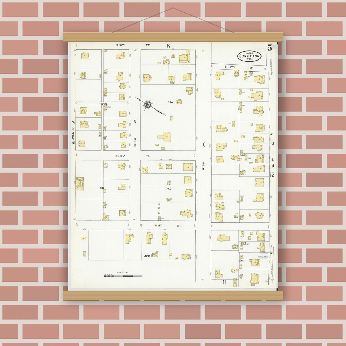 Old map wall art mockup — magnetic wood frame on brick wall — Sanborn Fire Insurance Map from Corsicana, Navarro County, Texas (1910), Sheet #0005