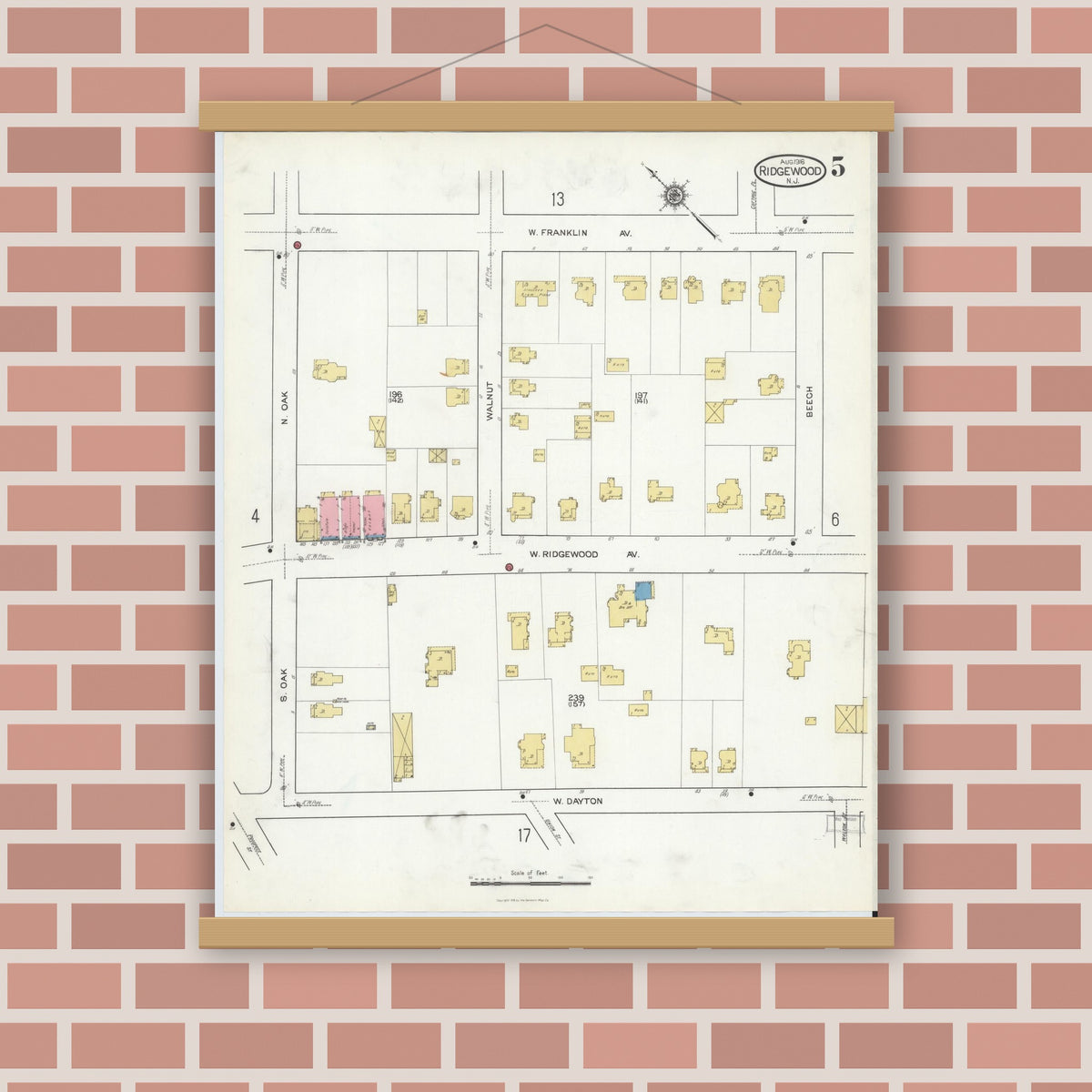Old map wall art mockup — magnetic wood frame on brick wall — Sanborn Fire Insurance Map from Ridgewood, Bergen County, New Jersey (1916), Sheet #0005