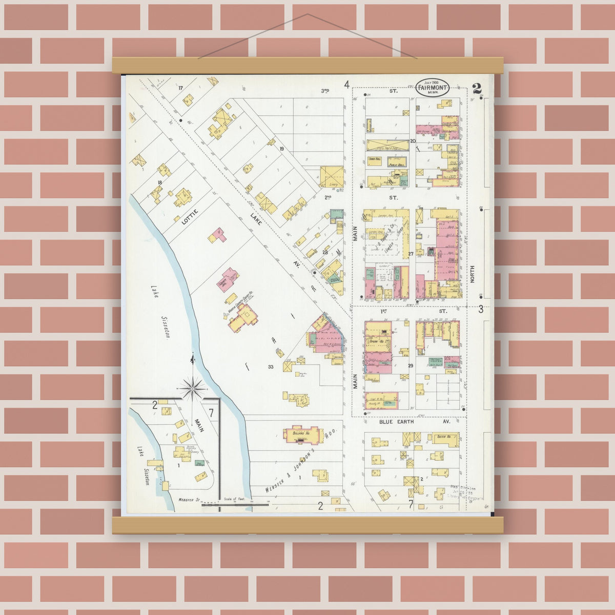 Old map wall art mockup — magnetic wood frame on brick wall — Sanborn Fire Insurance Map from Fairmont, Martin County, Minnesota (1900), Sheet #0002