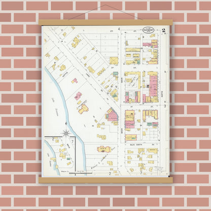 Old map wall art mockup — magnetic wood frame on brick wall — Sanborn Fire Insurance Map from Fairmont, Martin County, Minnesota (1900), Sheet #0002