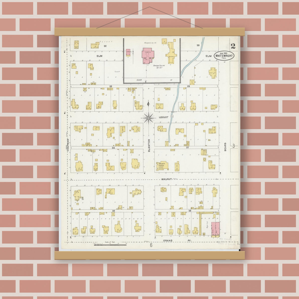 Old map wall art mockup — magnetic wood frame on brick wall — Sanborn Fire Insurance Map from Whitewright, Grayson County, Texas (1905), Sheet #0002