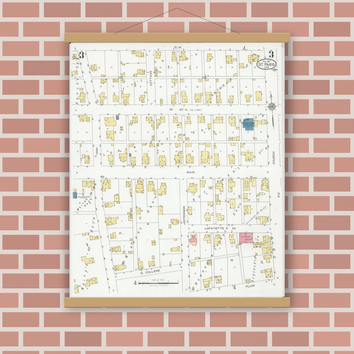 Old map wall art mockup — magnetic wood frame on brick wall — Sanborn Fire Insurance Map from Saint Paris, Champaign County, Ohio (1927), Sheet #0003