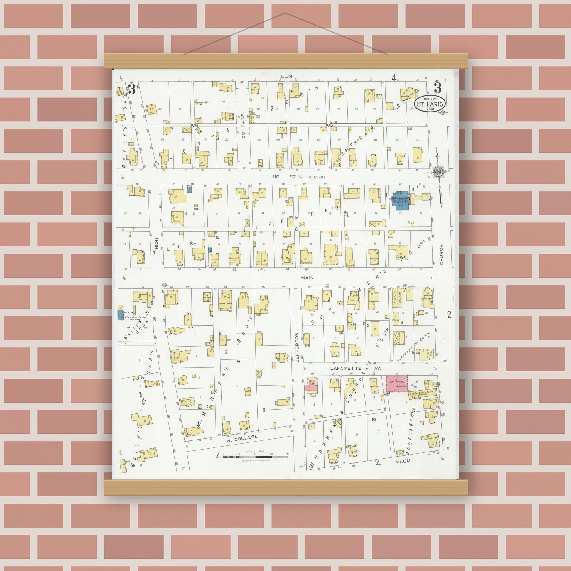 Old map wall art mockup — magnetic wood frame on brick wall — Sanborn Fire Insurance Map from Saint Paris, Champaign County, Ohio (1927), Sheet #0003