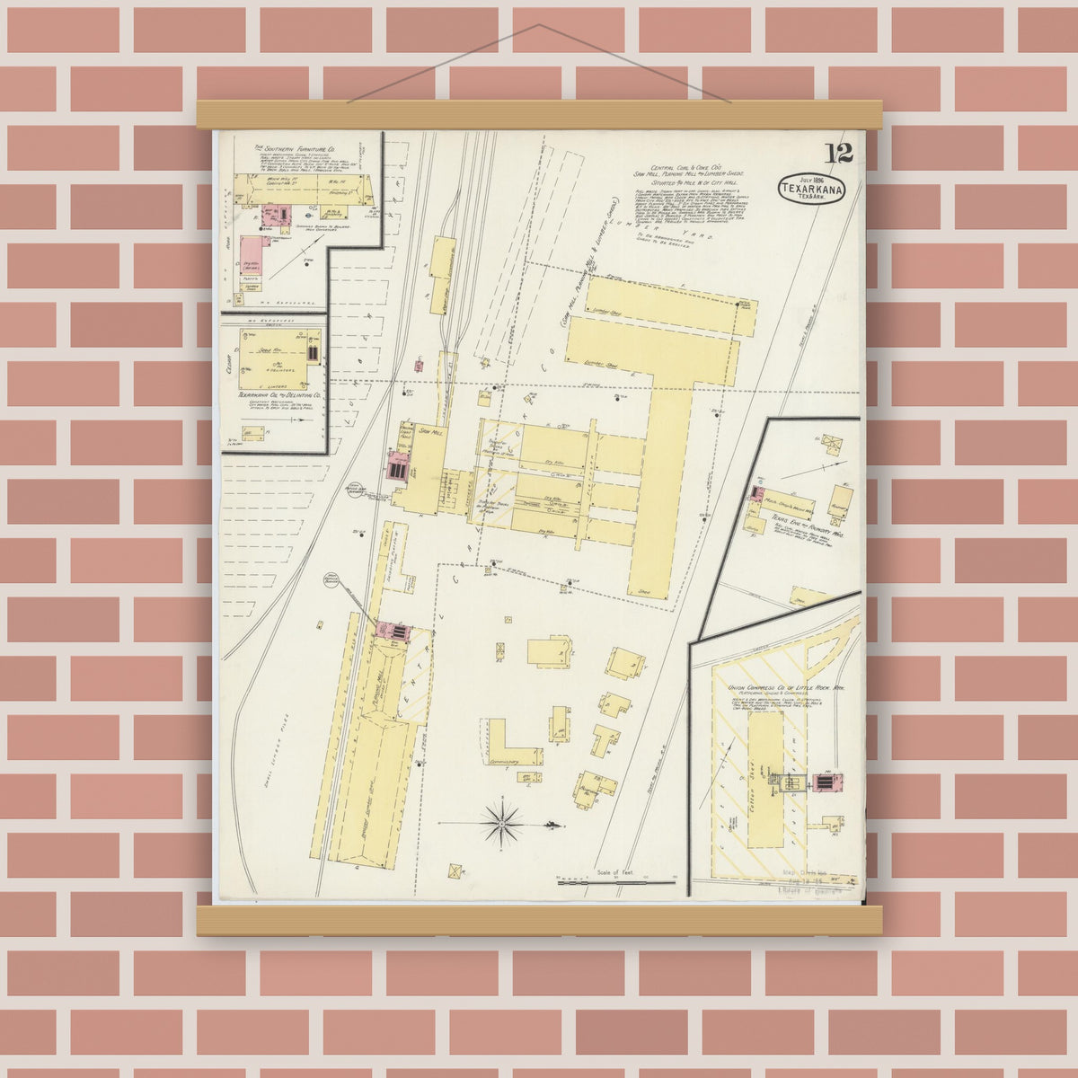Old map wall art mockup — magnetic wood frame on brick wall — Sanborn Fire Insurance Map from Texarkana, Bowie County, Texas (1896), Sheet #0012
