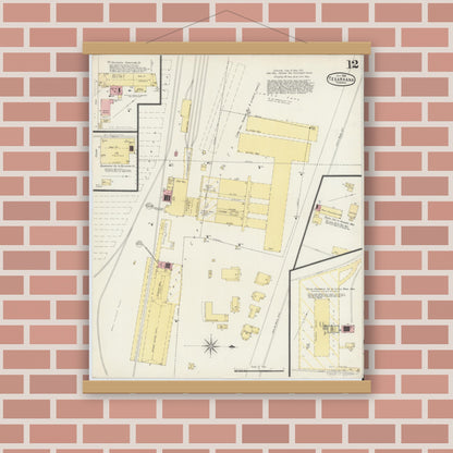 Old map wall art mockup — magnetic wood frame on brick wall — Sanborn Fire Insurance Map from Texarkana, Bowie County, Texas (1896), Sheet #0012