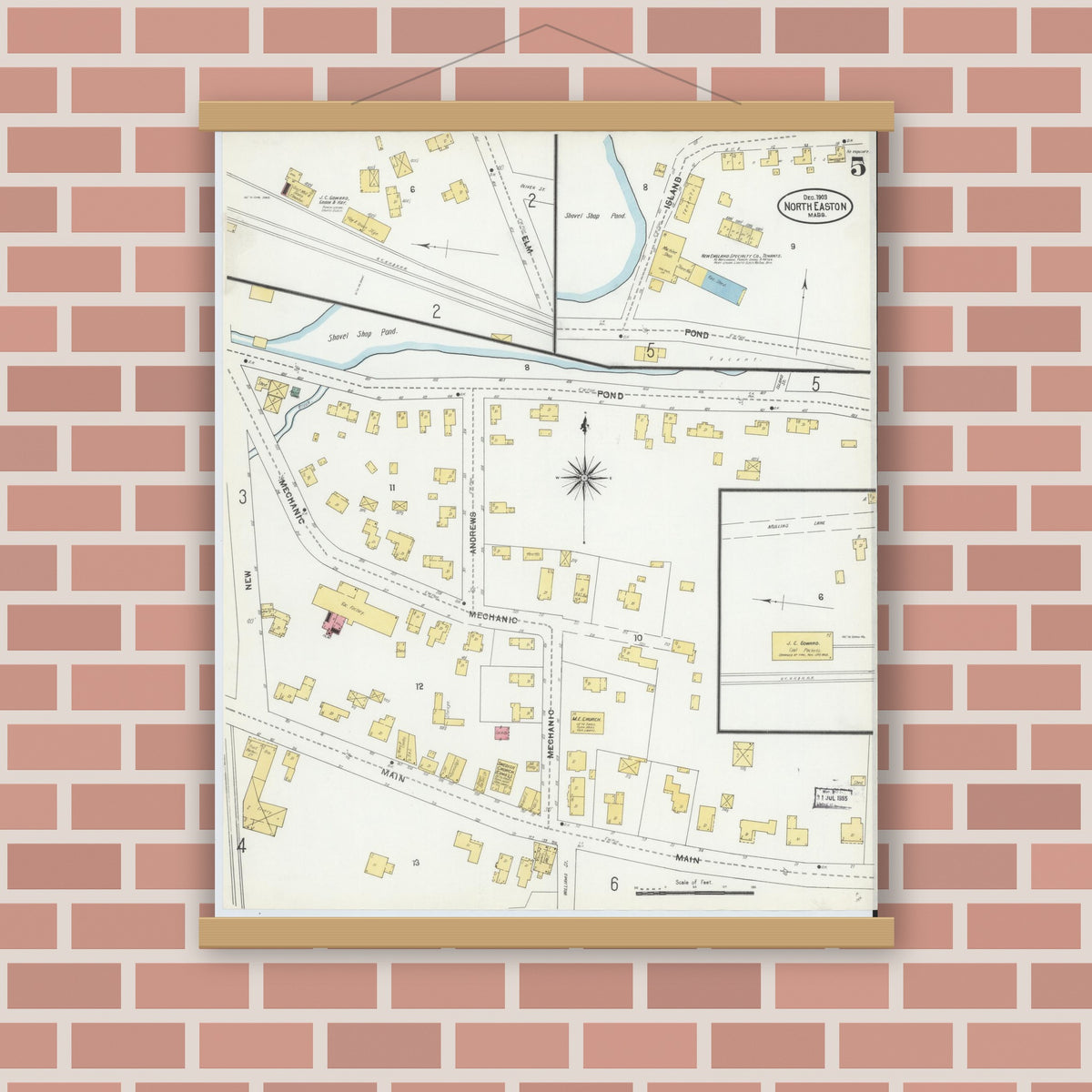 Old map wall art mockup — magnetic wood frame on brick wall — Sanborn Fire Insurance Map from North Easton, Bristol County, Massachusetts (1903), Sheet #0005