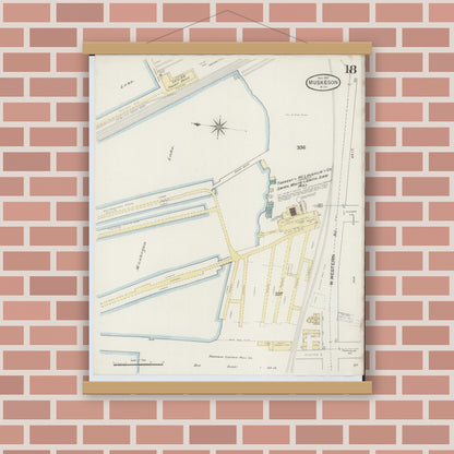 Old map wall art mockup — magnetic wood frame on brick wall — Sanborn Fire Insurance Map from Muskegon, Muskegon County, Michigan (1887), Sheet #0018
