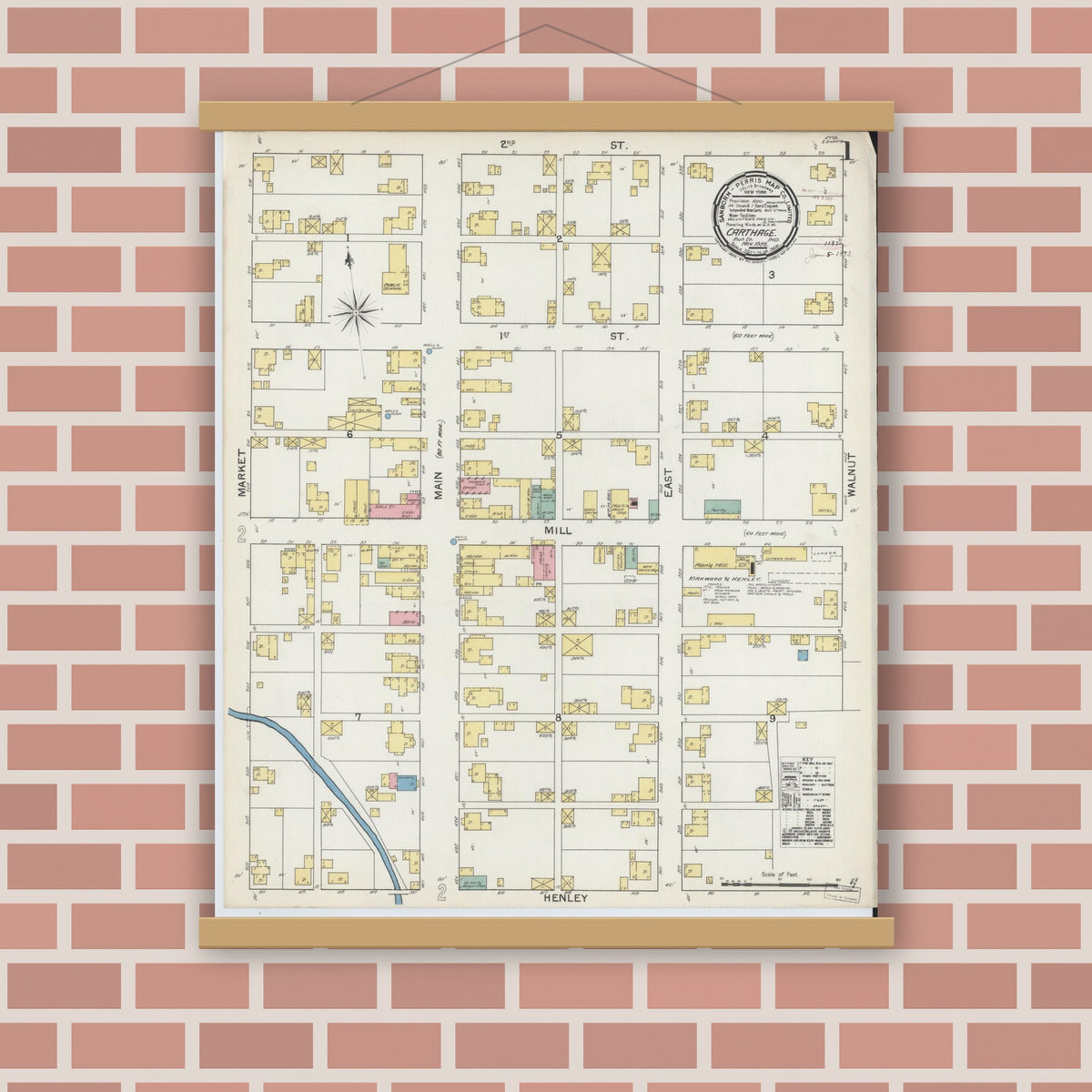 Old map wall art mockup — magnetic wood frame on brick wall — Sanborn Fire Insurance Map from Carthage, Rush County, Indiana (1892), Sheet #0001