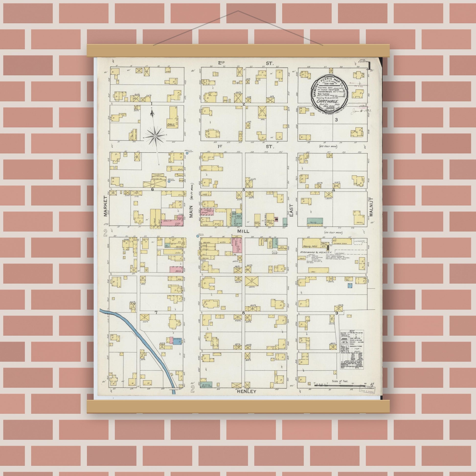 Old map wall art mockup — magnetic wood frame on brick wall — Sanborn Fire Insurance Map from Carthage, Rush County, Indiana (1892), Sheet #0001