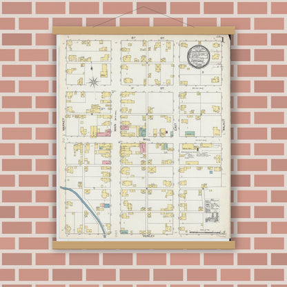 Old map wall art mockup — magnetic wood frame on brick wall — Sanborn Fire Insurance Map from Carthage, Rush County, Indiana (1892), Sheet #0001