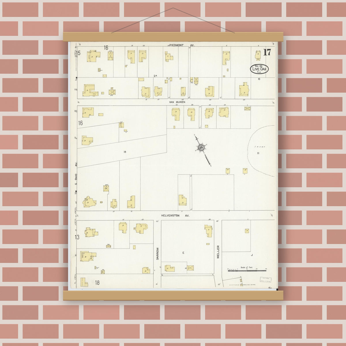 Old map wall art mockup — magnetic wood frame on brick wall — Sanborn Fire Insurance Map from Live Oak, Suwanee County, Florida (1912), Sheet #0017