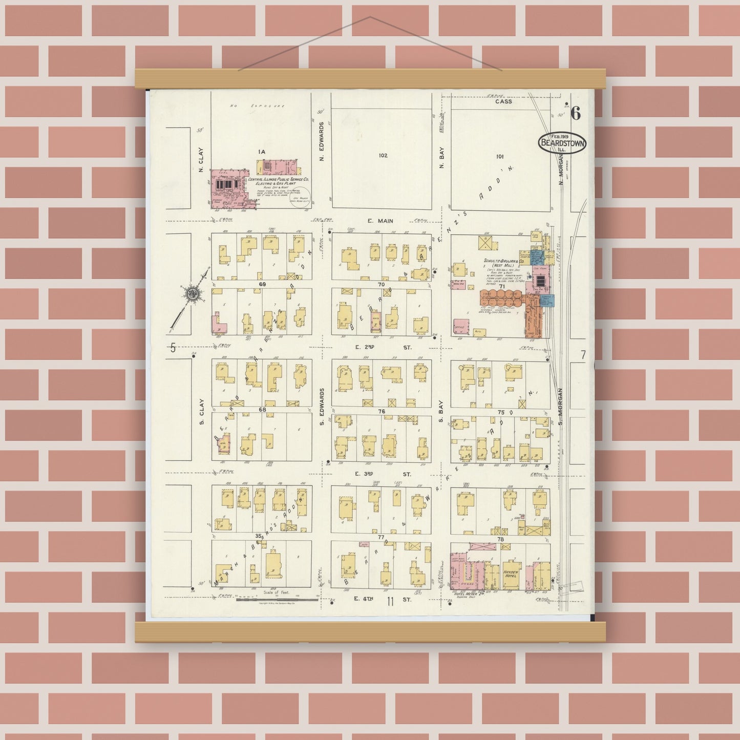 Old map wall art mockup — magnetic wood frame on brick wall — Sanborn Fire Insurance Map from Beardstown, Cass County, Illinois (1919), Sheet #0006