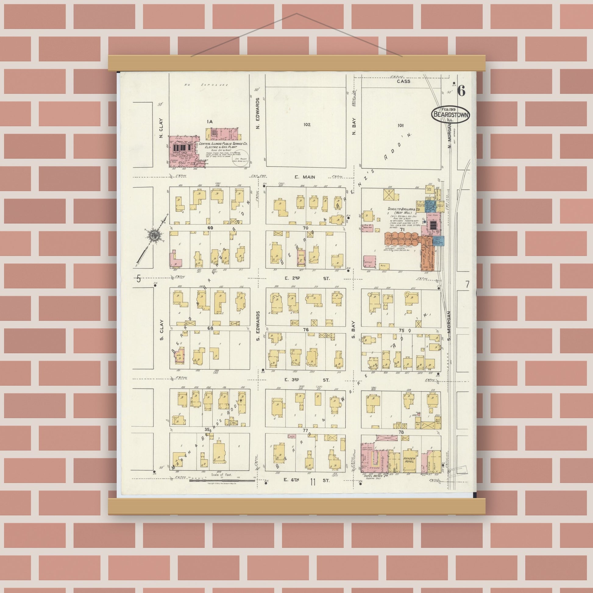 Old map wall art mockup — magnetic wood frame on brick wall — Sanborn Fire Insurance Map from Beardstown, Cass County, Illinois (1919), Sheet #0006