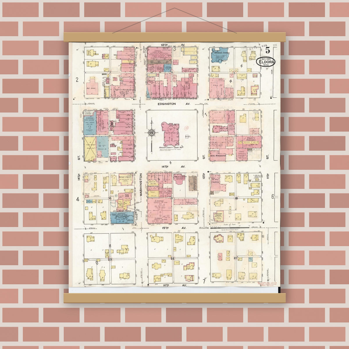 Old map wall art mockup — magnetic wood frame on brick wall — Sanborn Fire Insurance Map from Eldora, Hardin County, Iowa (1940), Sheet #0005