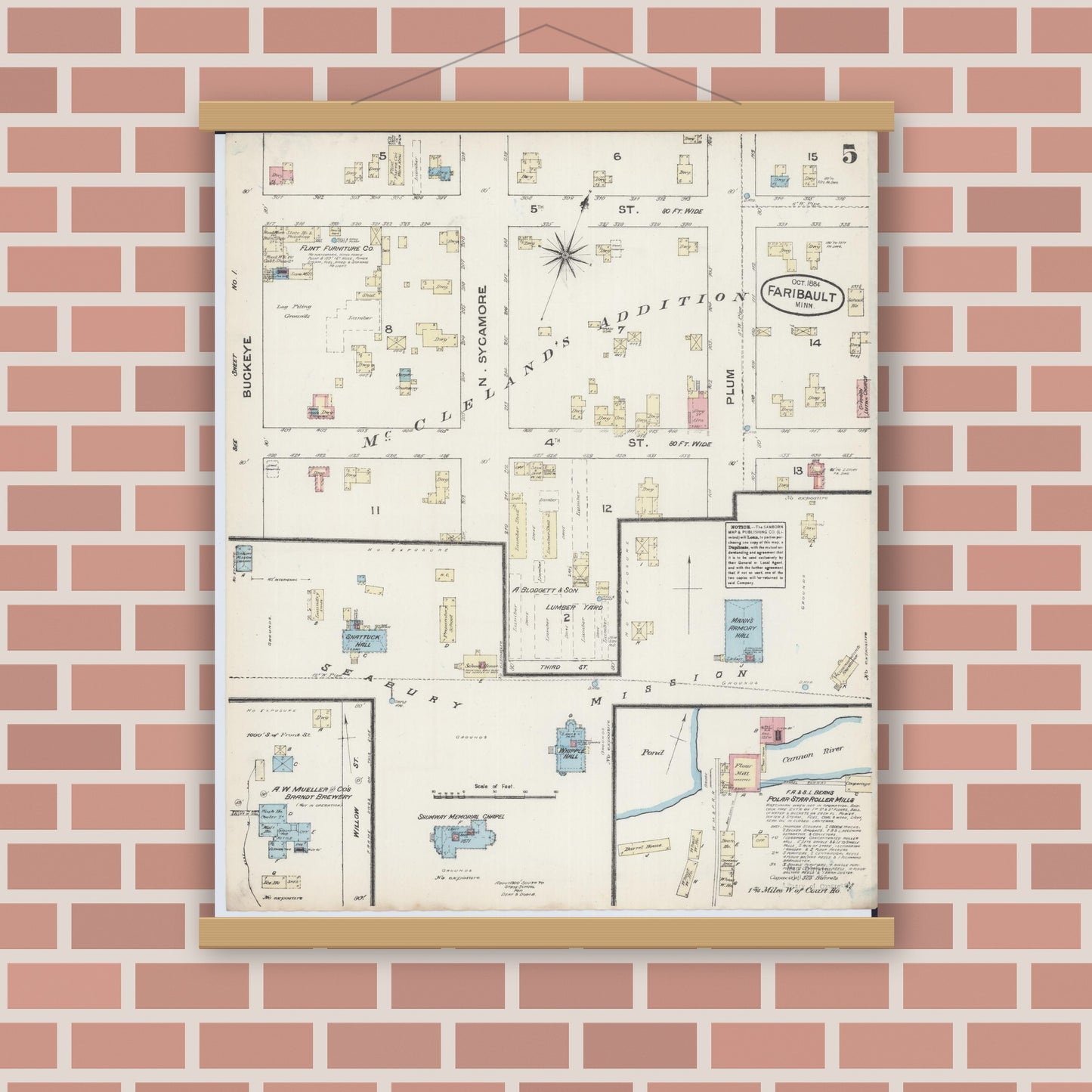Old map wall art mockup — magnetic wood frame on brick wall — Sanborn Fire Insurance Map from Faribault, Rice County, Minnesota (1884), Sheet #0005