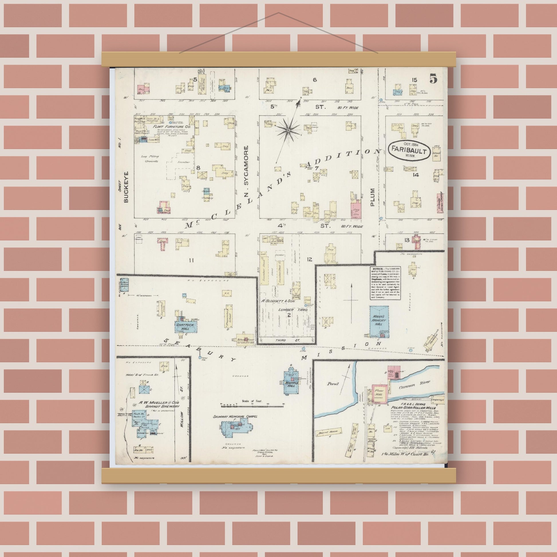 Old map wall art mockup — magnetic wood frame on brick wall — Sanborn Fire Insurance Map from Faribault, Rice County, Minnesota (1884), Sheet #0005