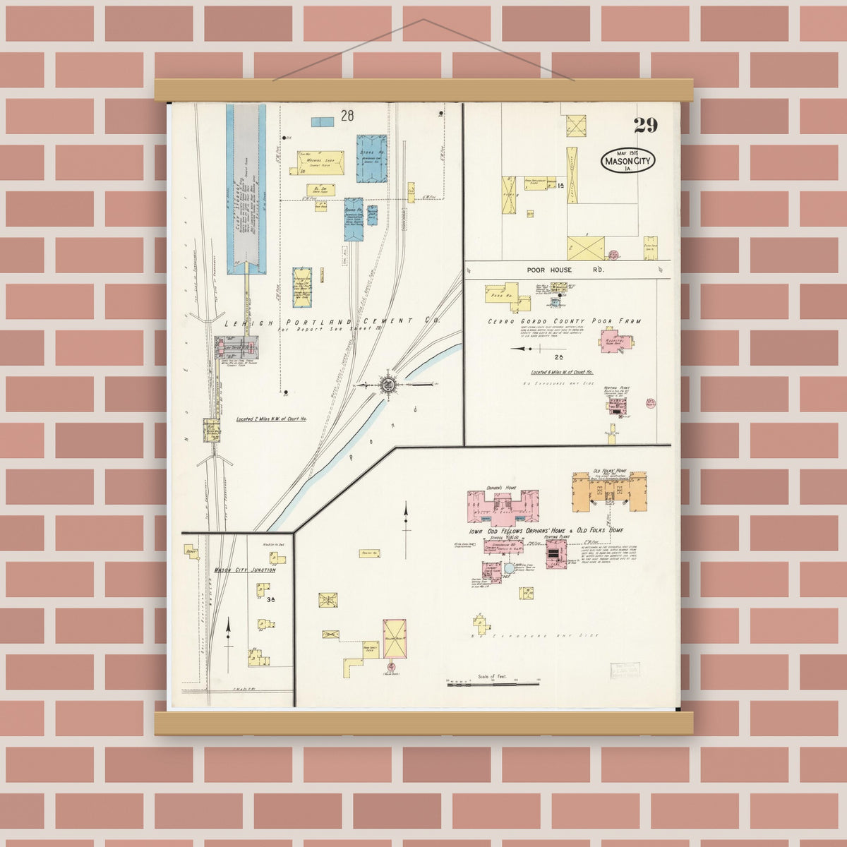 Old map wall art mockup — magnetic wood frame on brick wall — Sanborn Fire Insurance Map from Mason City, Cerro Gordo County, Iowa (1915), Sheet #0029