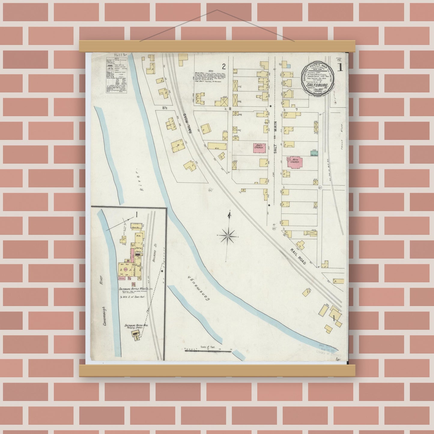Old map wall art mockup — magnetic wood frame on brick wall — Sanborn Fire Insurance Map from Saltsburg, Indiana County, Pennsylvania (1897) - Complete Map Set