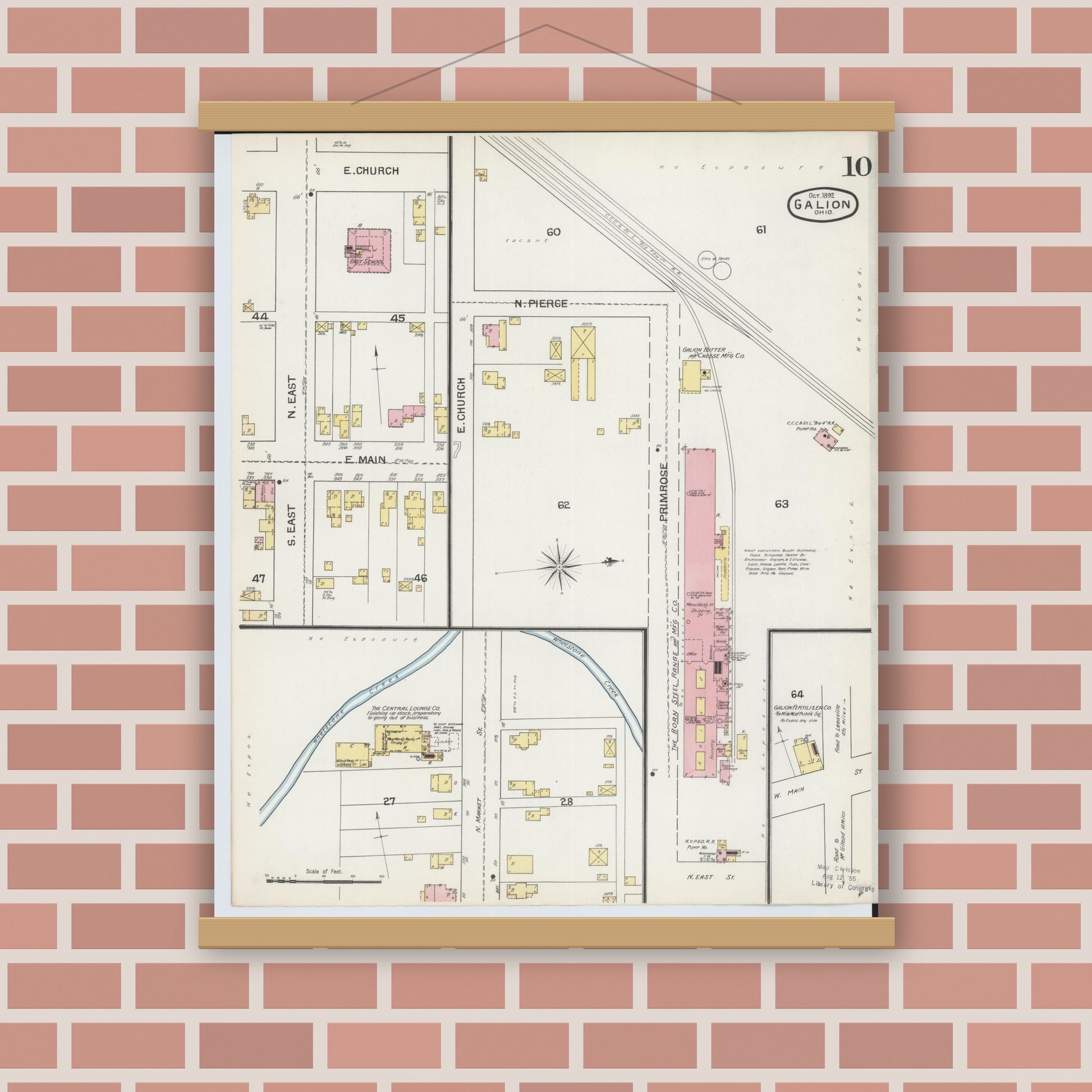 Old map wall art mockup — magnetic wood frame on brick wall — Sanborn Fire Insurance Map from Galion, Crawford County, Ohio (1892), Sheet #0010