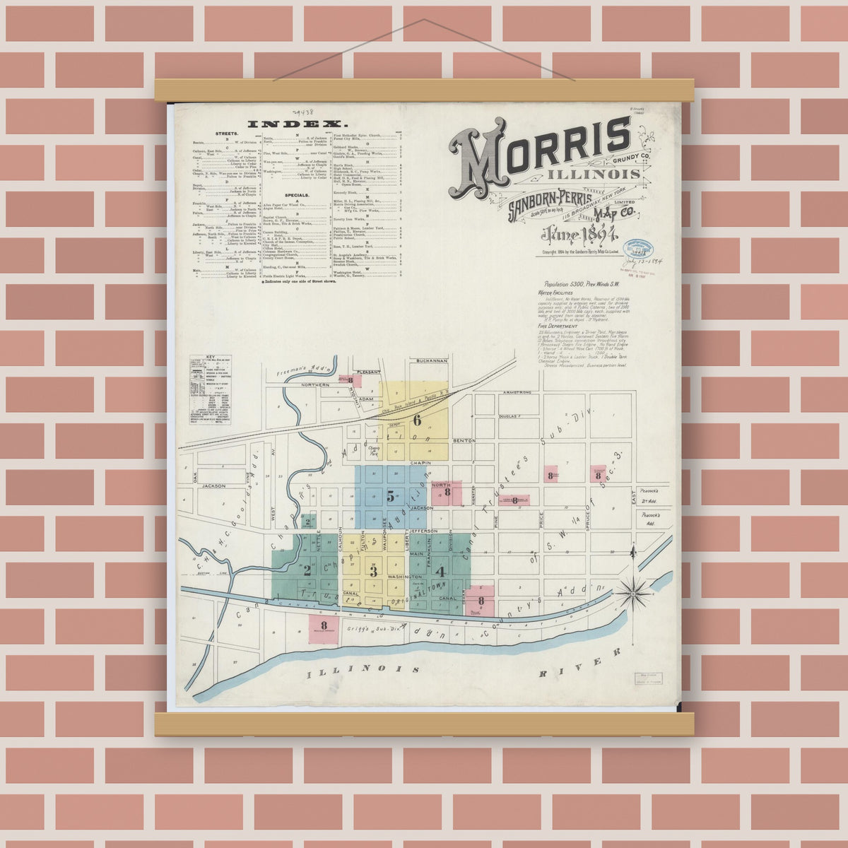 Old map wall art mockup — magnetic wood frame on brick wall — Sanborn Fire Insurance Map from Morris, Grundy County, Illinois (1894) - Complete Map Set