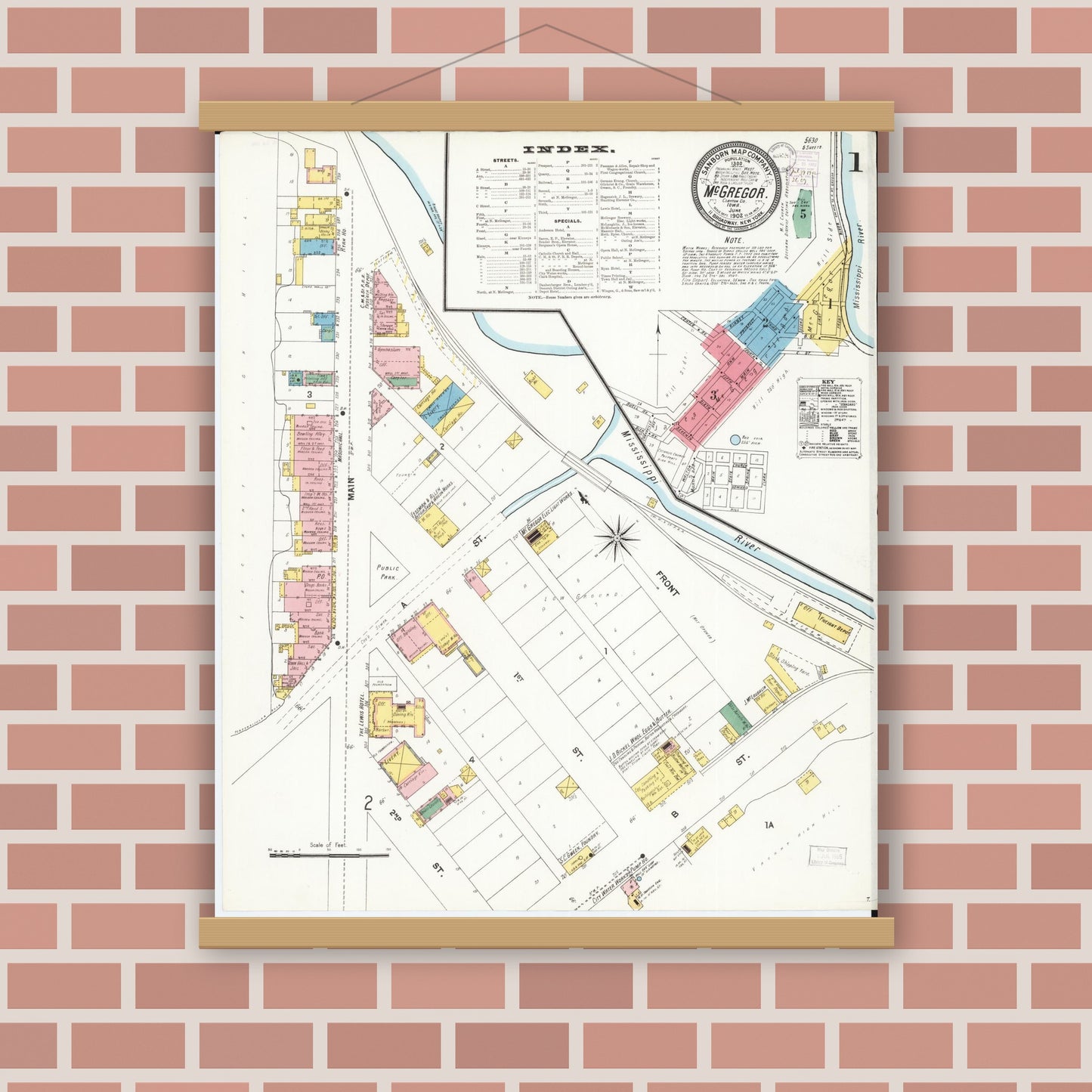 Old map wall art mockup — magnetic wood frame on brick wall — Sanborn Fire Insurance Map from McGregor, Clayton County, Iowa (1902) â€” Complete Set
