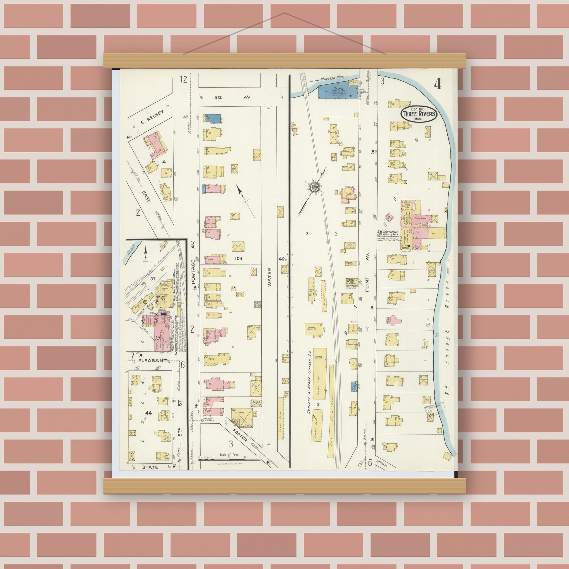 Old map wall art mockup — magnetic wood frame on brick wall — Sanborn Fire Insurance Map from Three Rivers, Saint Joseph County, Michigan (1916), Sheet #0004