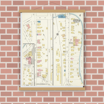 Old map wall art mockup — magnetic wood frame on brick wall — Sanborn Fire Insurance Map from Three Rivers, Saint Joseph County, Michigan (1916), Sheet #0004