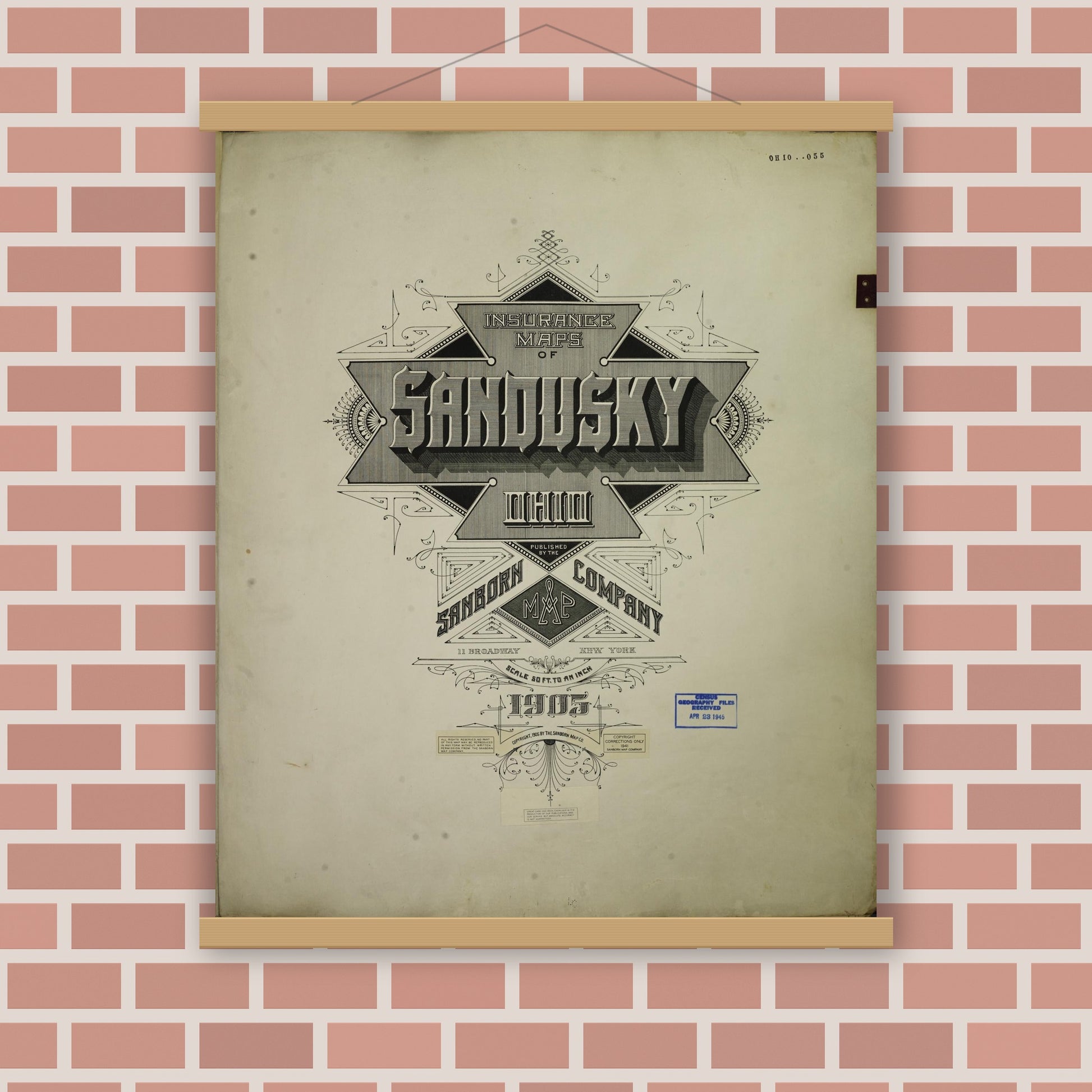 Old map wall art mockup — magnetic wood frame on brick wall — Sanborn Fire Insurance Map from Sandusky, Erie County, Ohio (1950), Sheet #0001
