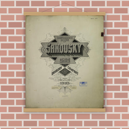 Old map wall art mockup — magnetic wood frame on brick wall — Sanborn Fire Insurance Map from Sandusky, Erie County, Ohio (1950), Sheet #0001