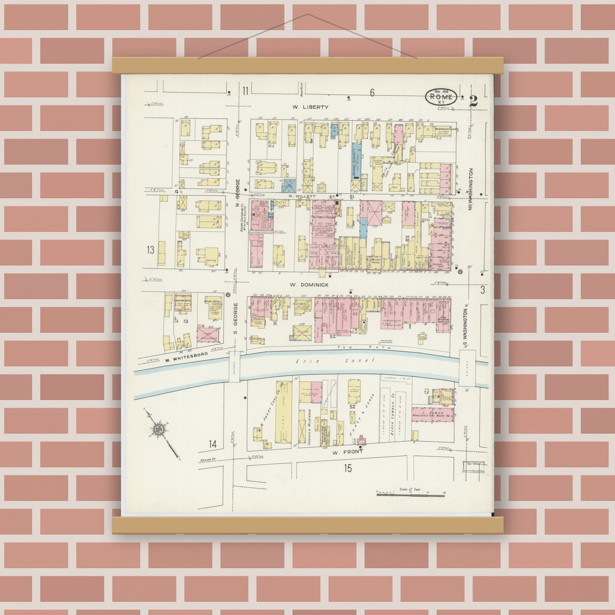 Old map wall art mockup — magnetic wood frame on brick wall — Sanborn Fire Insurance Map from Rome, Oneida County, New York (1914), Sheet #0002