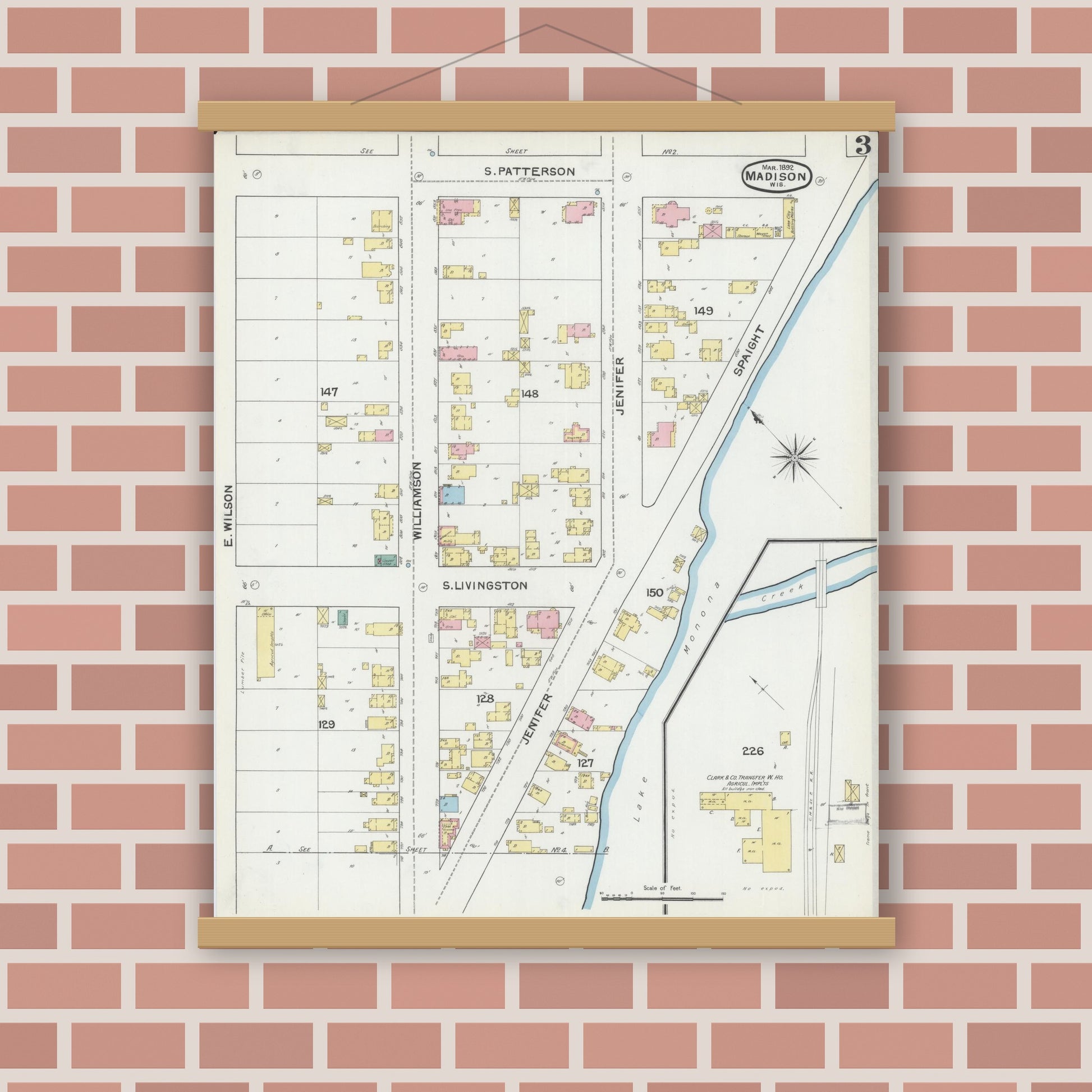 Old map wall art mockup — magnetic wood frame on brick wall — Sanborn Fire Insurance Map from Madison, Dane County, Wisconsin (1892), Sheet #0003