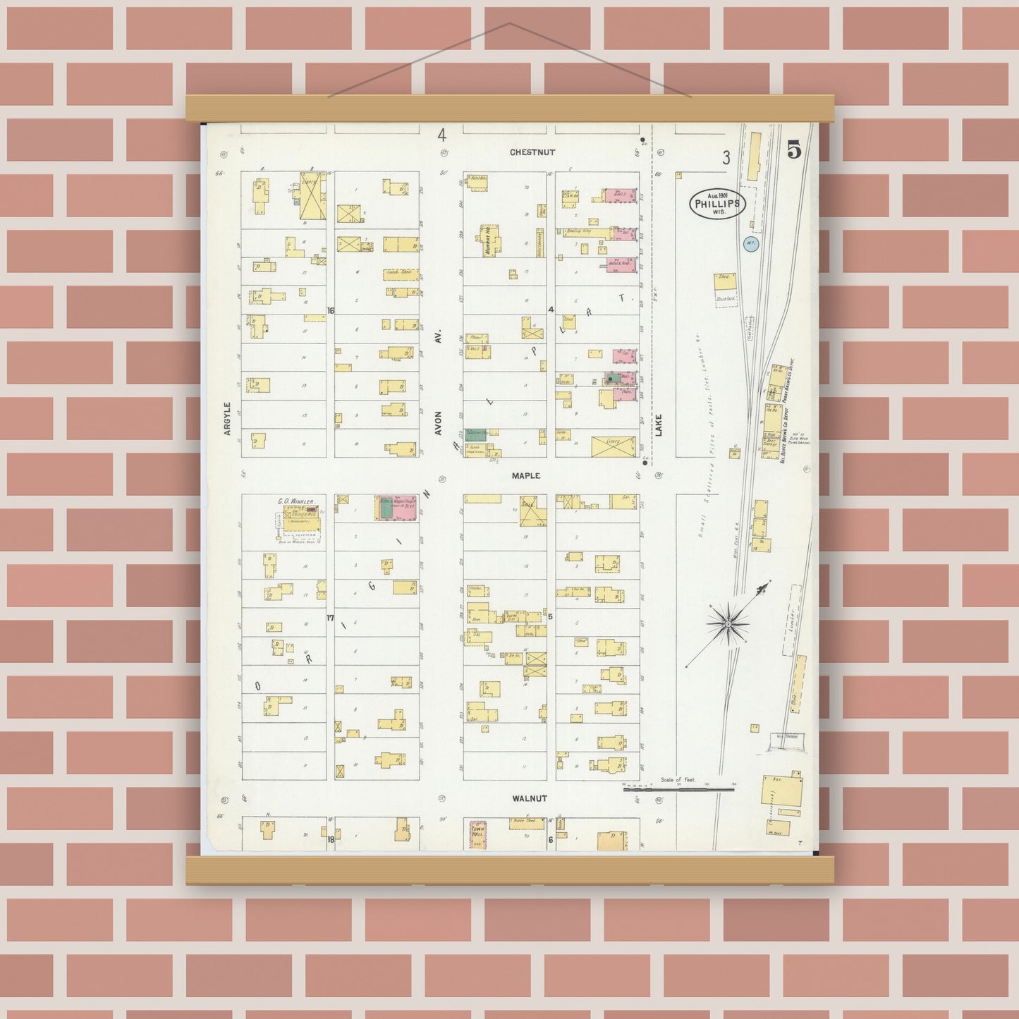 Old map wall art mockup — magnetic wood frame on brick wall — Sanborn Fire Insurance Map from Phillips, Price County, Wisconsin (1901), Sheet #0005