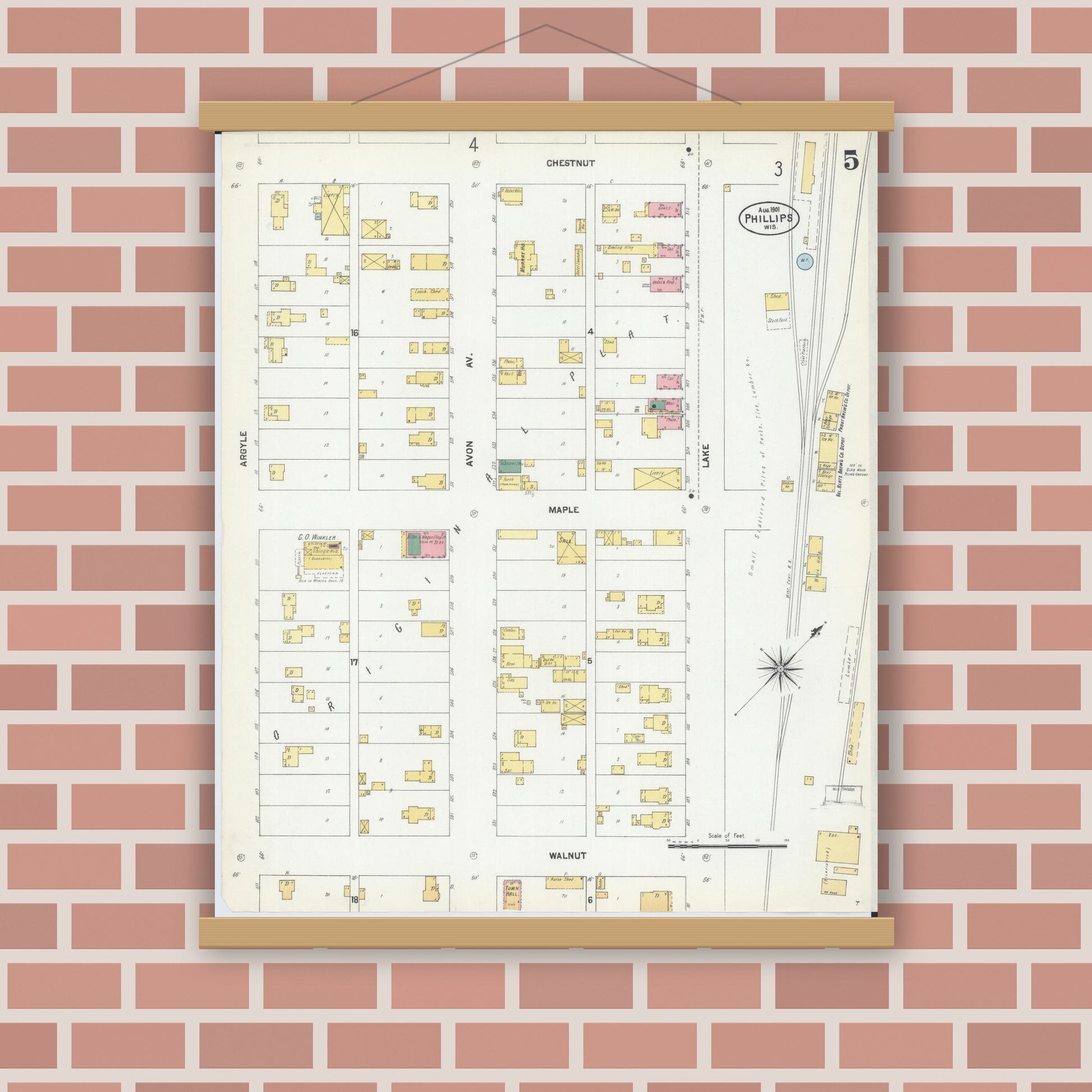 Old map wall art mockup — magnetic wood frame on brick wall — Sanborn Fire Insurance Map from Phillips, Price County, Wisconsin (1901), Sheet #0005