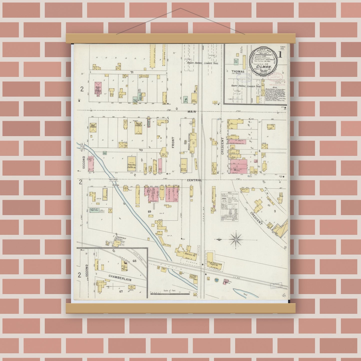 Old map wall art mockup — magnetic wood frame on brick wall — Sanborn Fire Insurance Map from Gilman, Iroquois County, Illinois (1897) - Complete Map Set