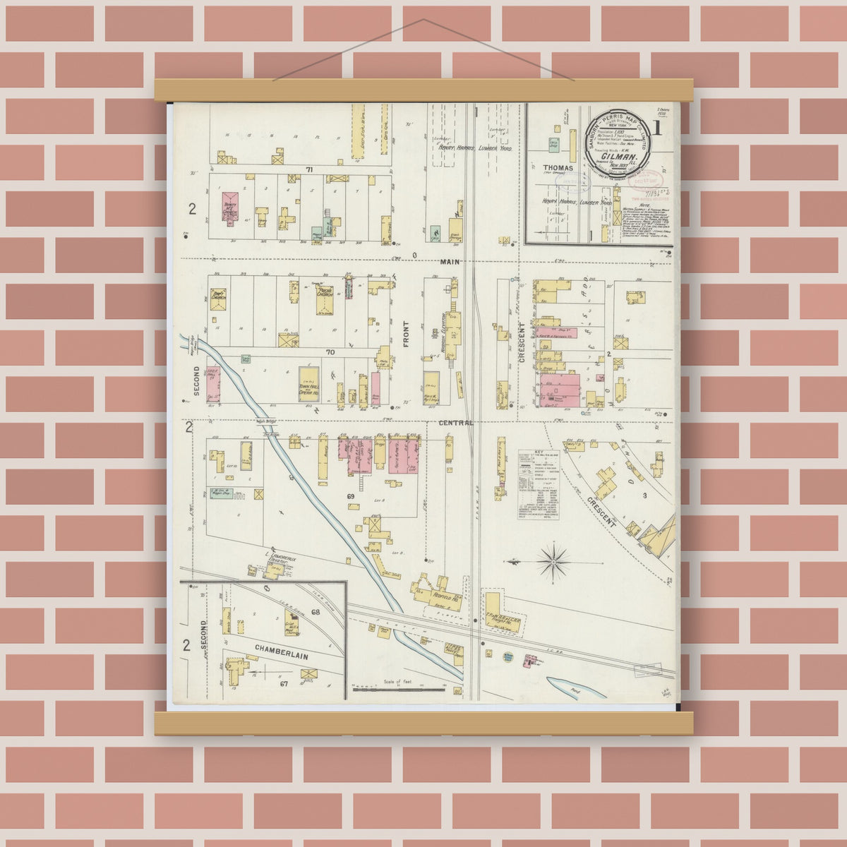 Old map wall art mockup — magnetic wood frame on brick wall — Sanborn Fire Insurance Map from Gilman, Iroquois County, Illinois (1897) - Complete Map Set