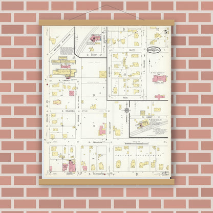 Old map wall art mockup — magnetic wood frame on brick wall — Sanborn Fire Insurance Map from Greencastle, Putnam County, Indiana (1913), Sheet #0005