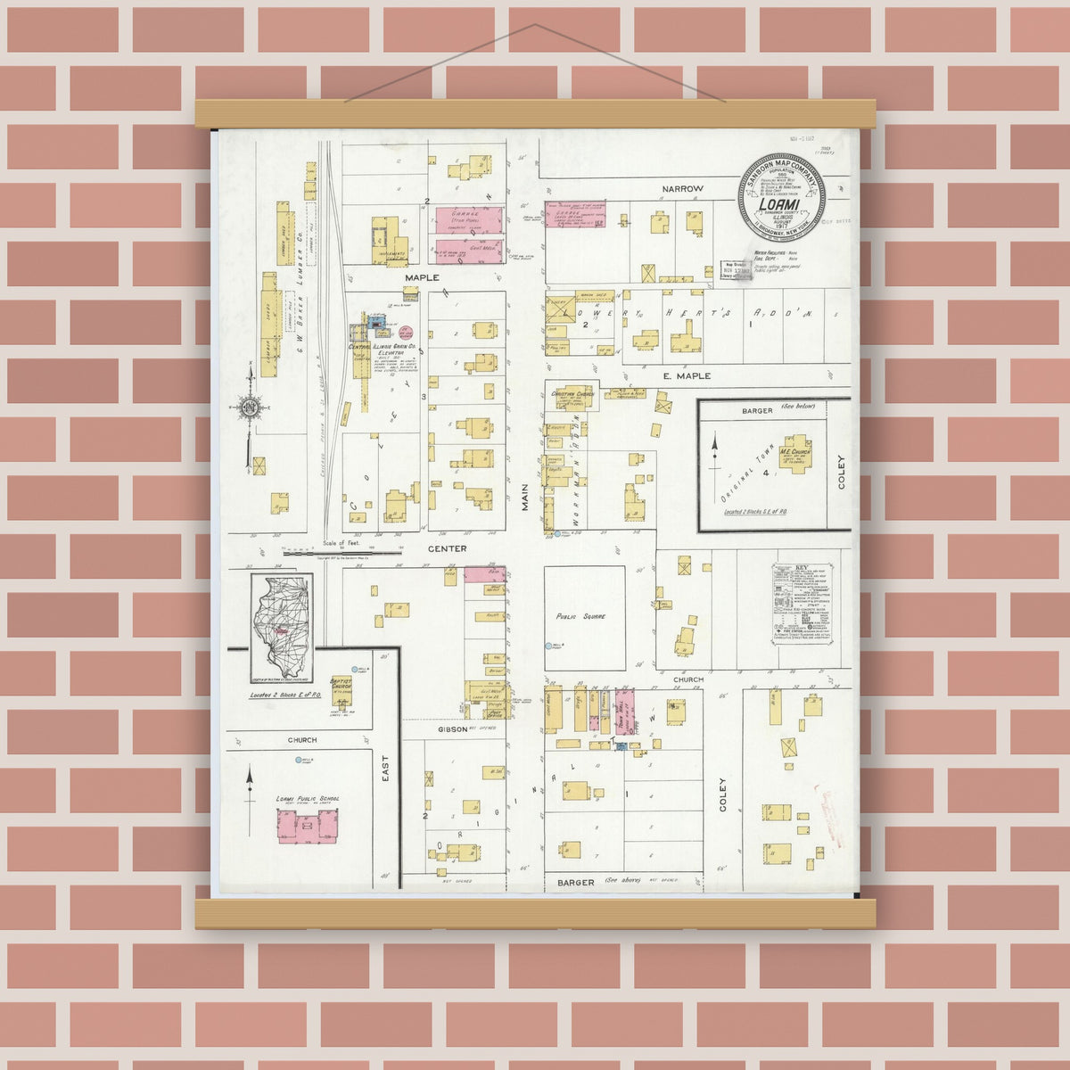 Old map wall art mockup — magnetic wood frame on brick wall — Sanborn Fire Insurance Map from Loami, Sangamon County, Illinois (1917), Sheet #0001