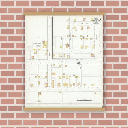 Old map wall art mockup — magnetic wood frame on brick wall — Sanborn Fire Insurance Map from Everett, Bedford County, Pennsylvania (1910), Sheet #0007