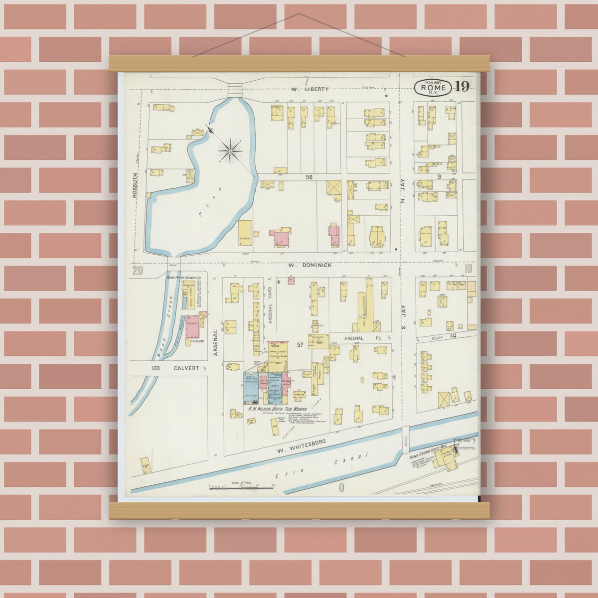 Old map wall art mockup — magnetic wood frame on brick wall — Sanborn Fire Insurance Map from Rome, Oneida County, New York (1894), Sheet #0019