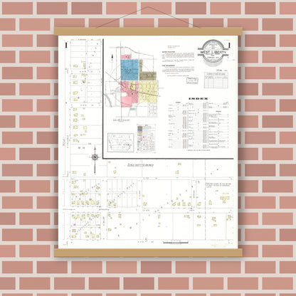 Old map wall art mockup — magnetic wood frame on brick wall — Sanborn Fire Insurance Map from West Liberty, Muscatine County, Iowa (1941) â€” Complete Set