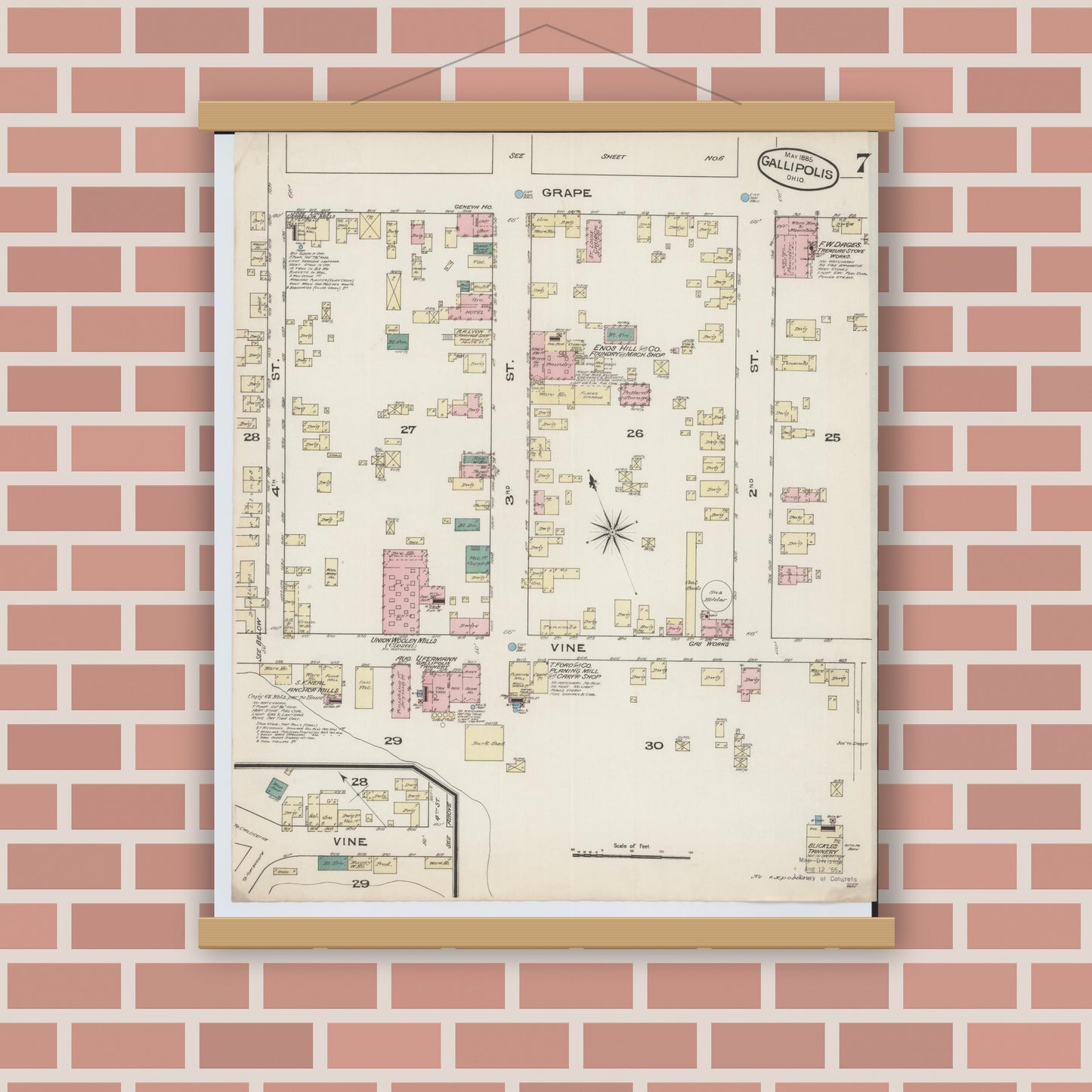 Old map wall art mockup — magnetic wood frame on brick wall — Sanborn Fire Insurance Map from Gallipolis, Gallia County, Ohio (1885), Sheet #0007