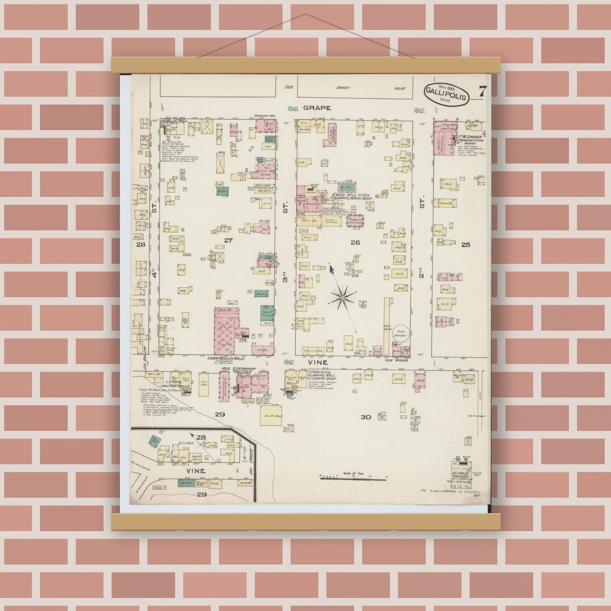 Old map wall art mockup — magnetic wood frame on brick wall — Sanborn Fire Insurance Map from Gallipolis, Gallia County, Ohio (1885), Sheet #0007
