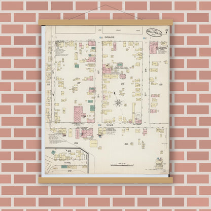 Old map wall art mockup — magnetic wood frame on brick wall — Sanborn Fire Insurance Map from Gallipolis, Gallia County, Ohio (1885), Sheet #0007