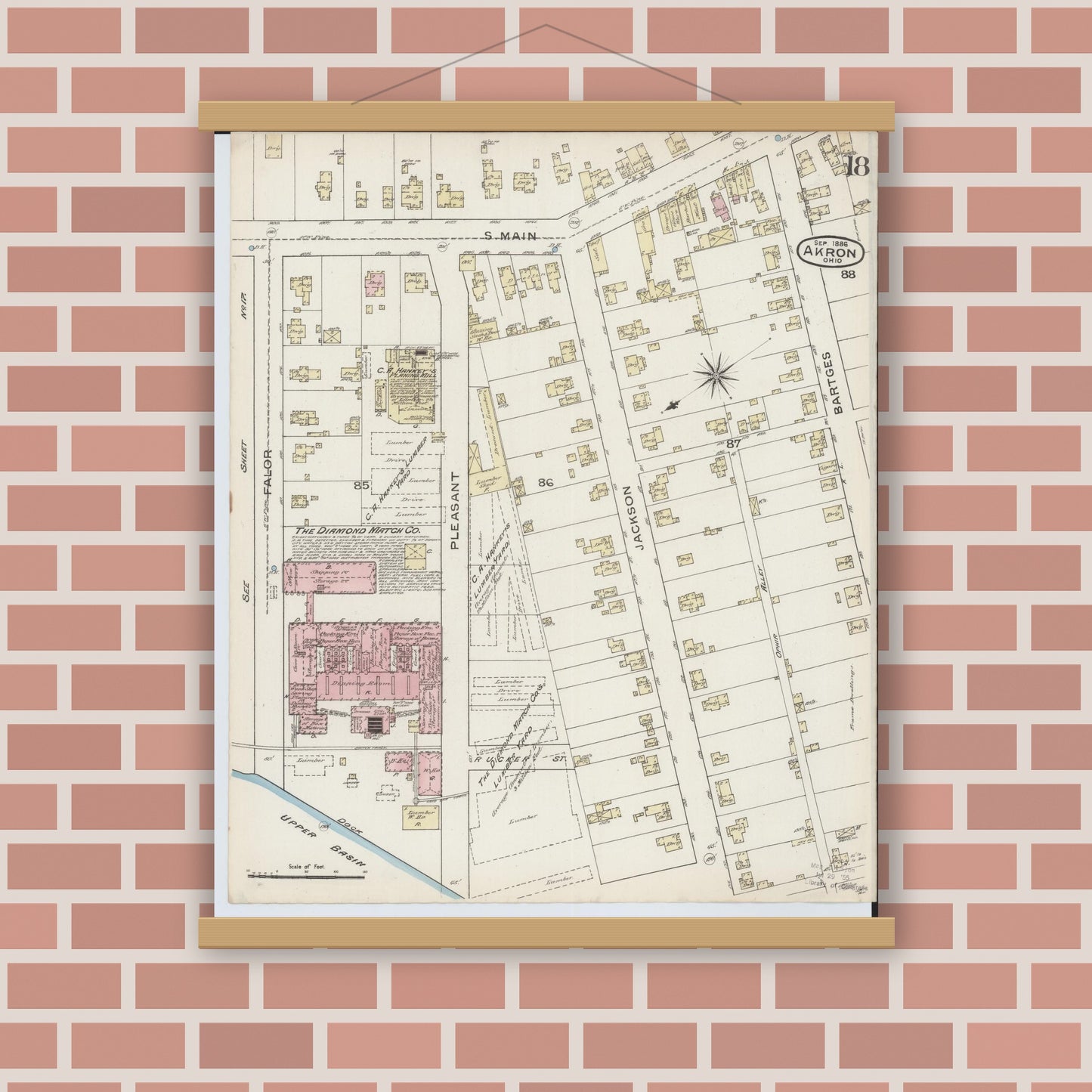 Old map wall art mockup — magnetic wood frame on brick wall — Sanborn Fire Insurance Map from Akron, Summit County, Ohio (1886), Sheet #0018