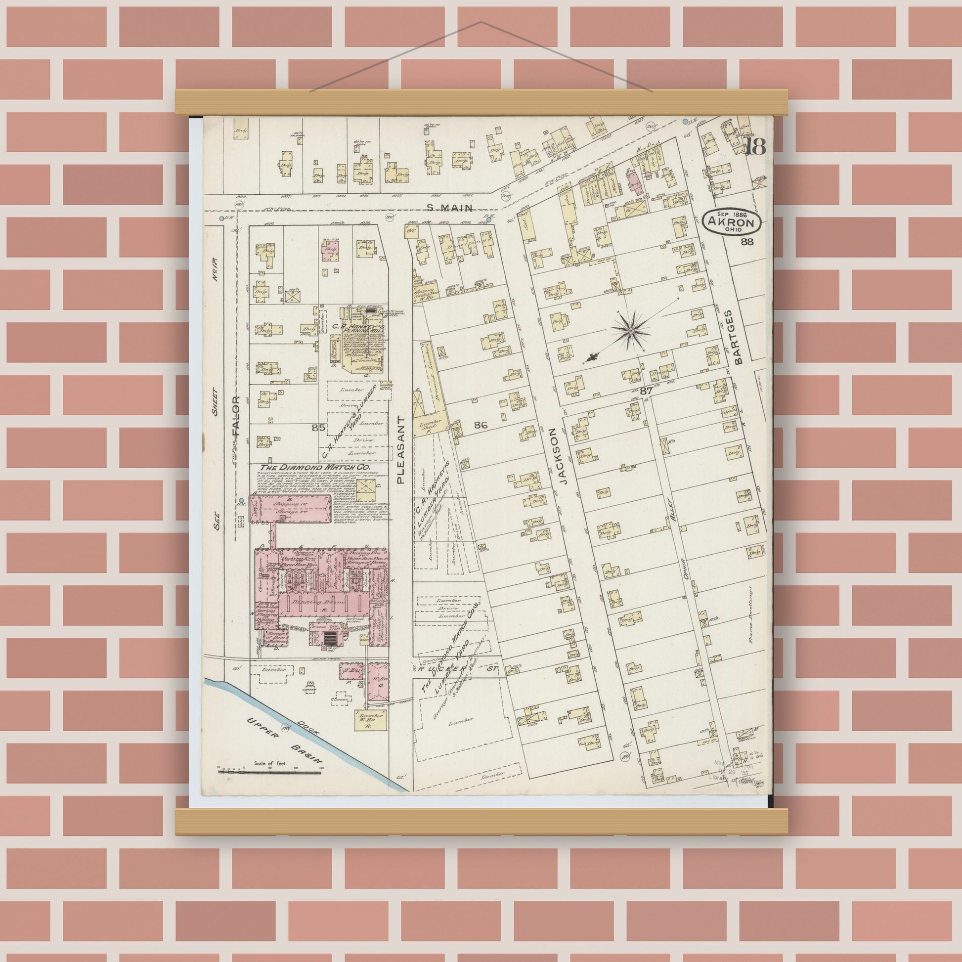 Old map wall art mockup — magnetic wood frame on brick wall — Sanborn Fire Insurance Map from Akron, Summit County, Ohio (1886), Sheet #0018